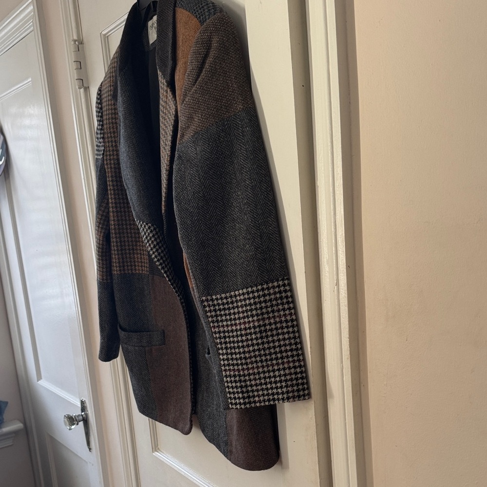 VTG International Scene Women's Brown Gray Patchwork Wool Blazer Jacket 13/14 - Picture 5 of 14